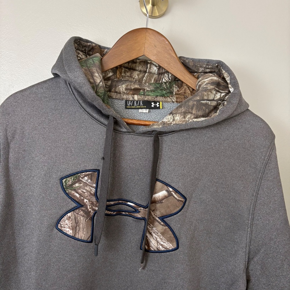 Under Armour Hoodie Mens Large Tall Gray Camo Logo Storm Fleece Sweatshirt